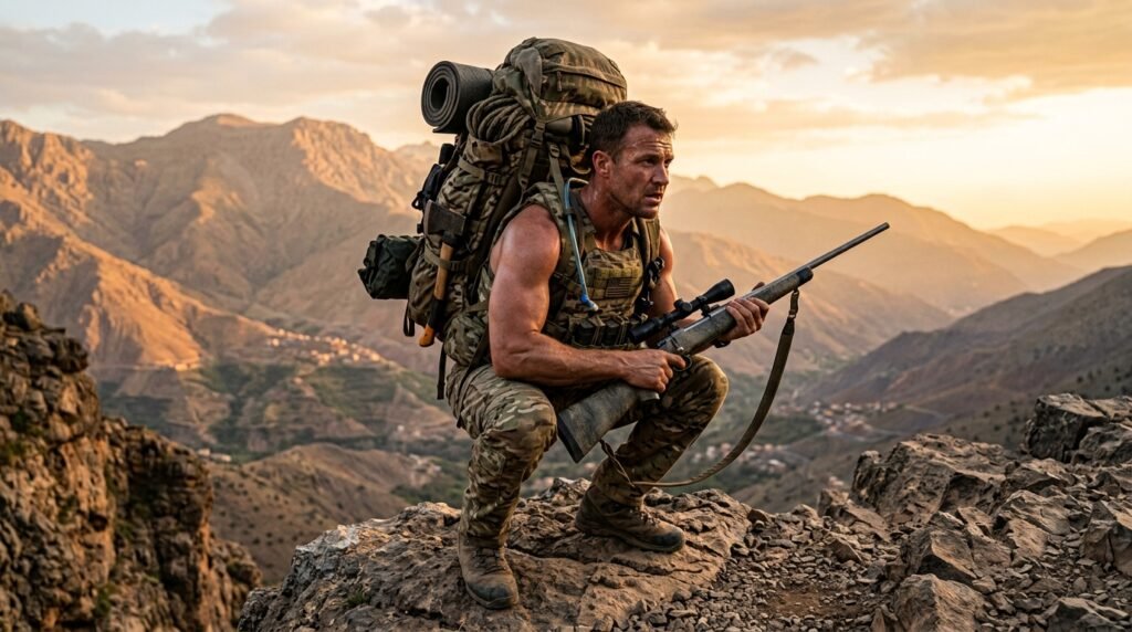 hunter squatting on rocky cliff 202607282009